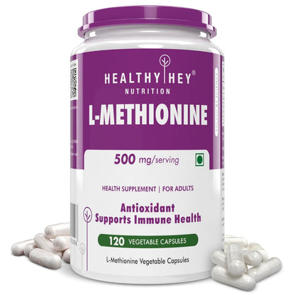 L-Methionine supplement container with purple and white label on a white background