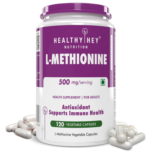 L-Methionine supplement container with purple and white label on a white background