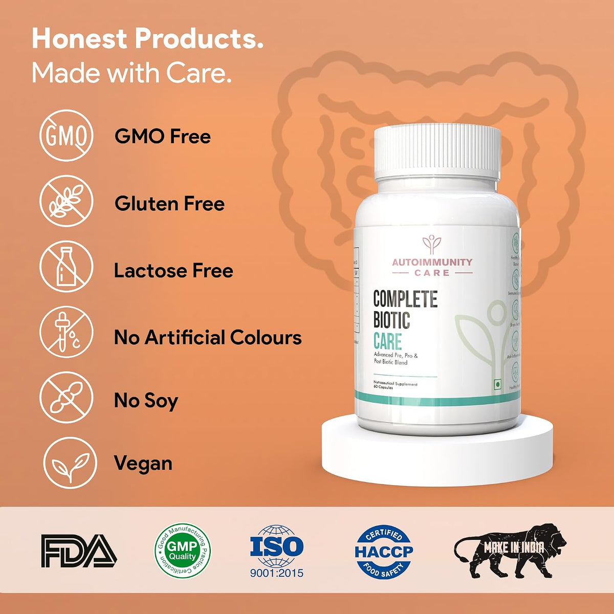 Autoimmunity Care Complete Biotic Care – 3-in-1 Pre Pro & Post Biotic Supplement | Prebiotics + Probiotics Supplement with Postbiotics, for Women & Men | Digestion Improve Supplement, Gut & Immunity | 60 Caps (30 dose)