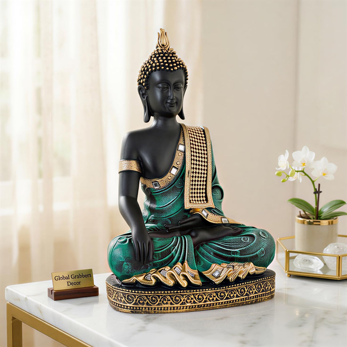 Buddha Idol Statue | Home Decoration Items for Living Room (Green Black)