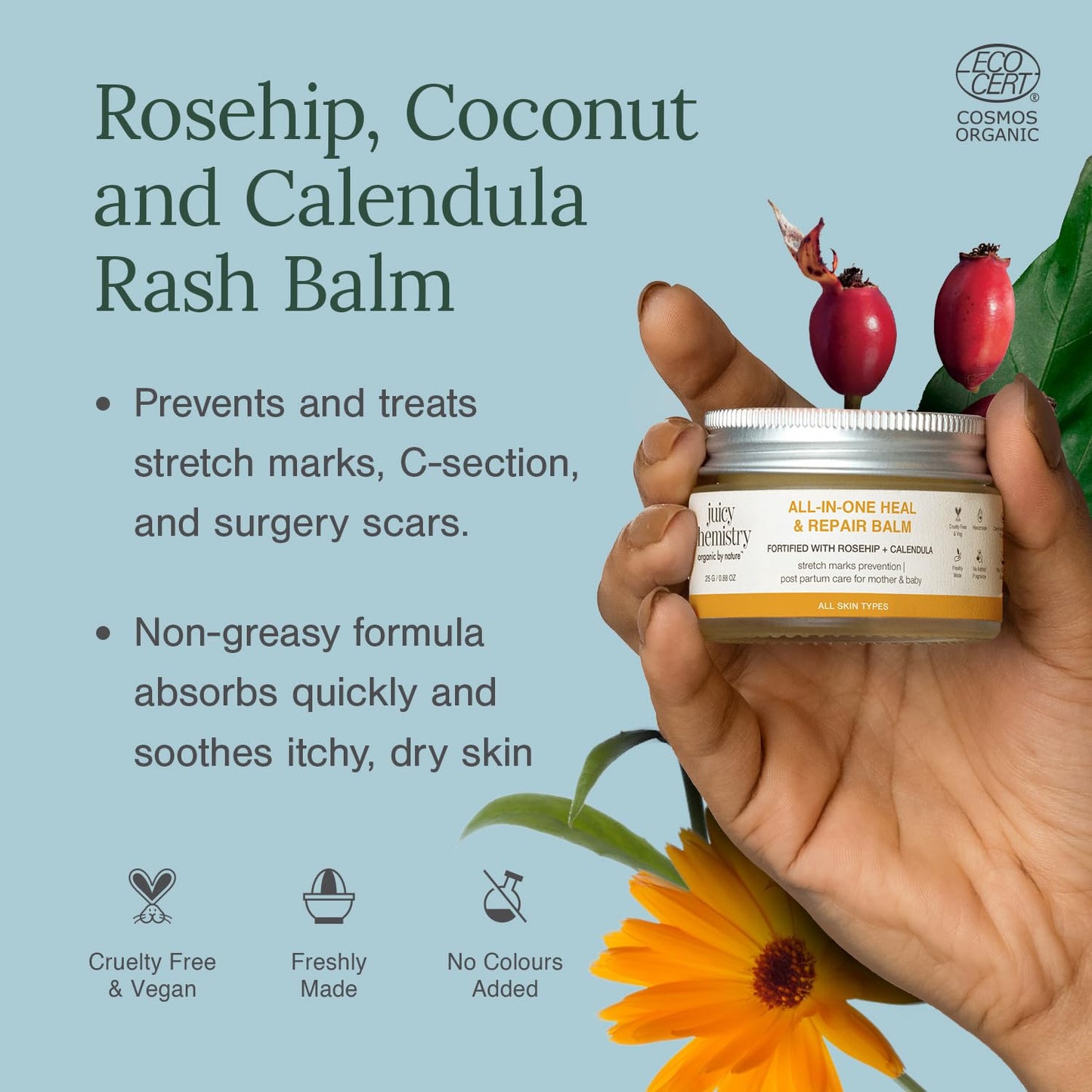 Juicy Chemistry All-In-One Heal & Repair Balm with Rosehip + Calendula, 25g | Multi-Purpose Organic Balm for Dry Skin, Lips, Elbows, Stretch Marks & Scars | Certified Organic, Fragrance-Free