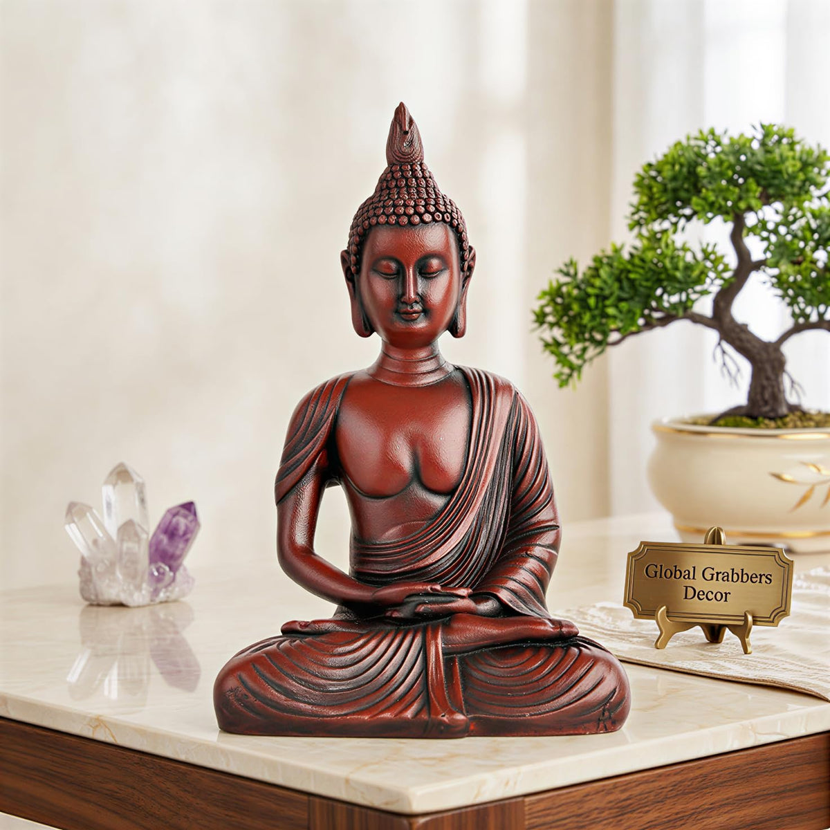 New Sitting Meditating Buddha Statue showpiece Idol Home Decor Items for Living Room and Gifts (Maroon)