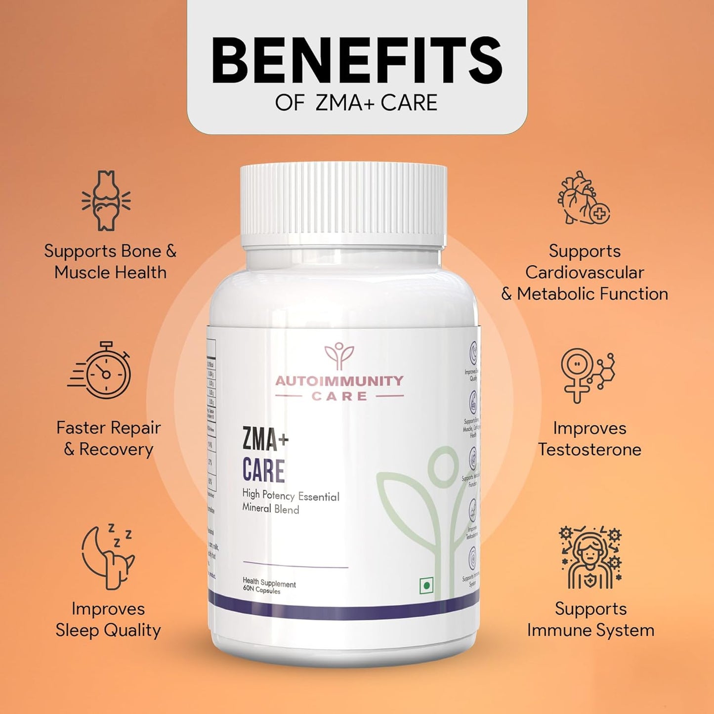 Autoimmunity Care ZMA+ Care | Zinc Magnesium Supplement with Vitamin B6 | Supports Sleep, Muscle Recovery, Brain Health, Immunity & Stress Relief | ZMA Supplement for Men & Women | 60 Caps (30 doses)
