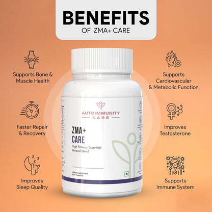 Autoimmunity Care ZMA+ Care | Zinc Magnesium Supplement with Vitamin B6 | Supports Sleep, Muscle Recovery, Brain Health, Immunity & Stress Relief | ZMA Supplement for Men & Women | 60 Caps (30 doses)
