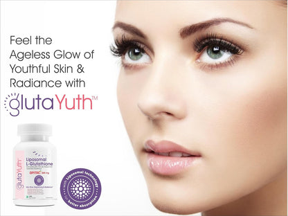 Advertisement for GlutaYuth skin care product with a close-up of a woman's face.
