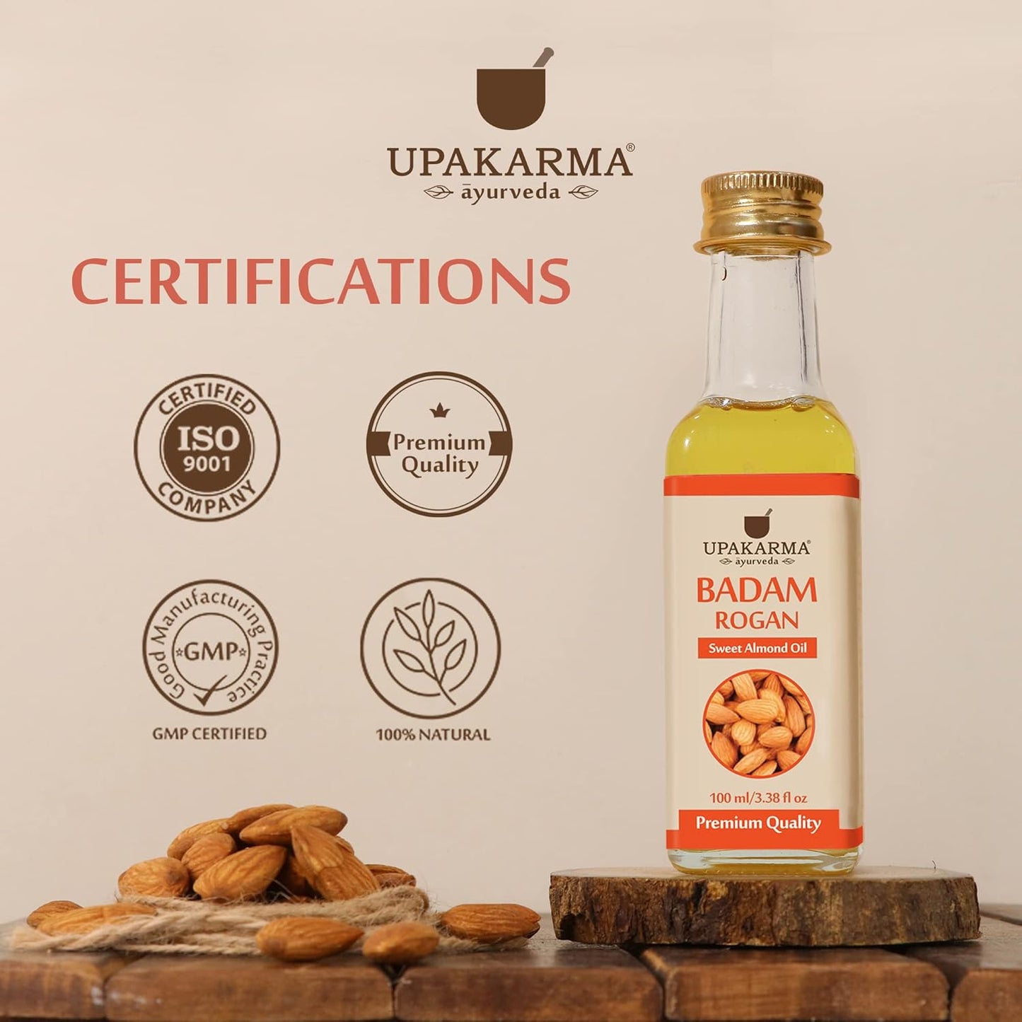 UPAKARMA Badam Oil | Pure and Natural Cold Pressed Sweet Almond/Badam Rogan Oil | Promotes Skin & Hair Health, 100ml - Pack of 1