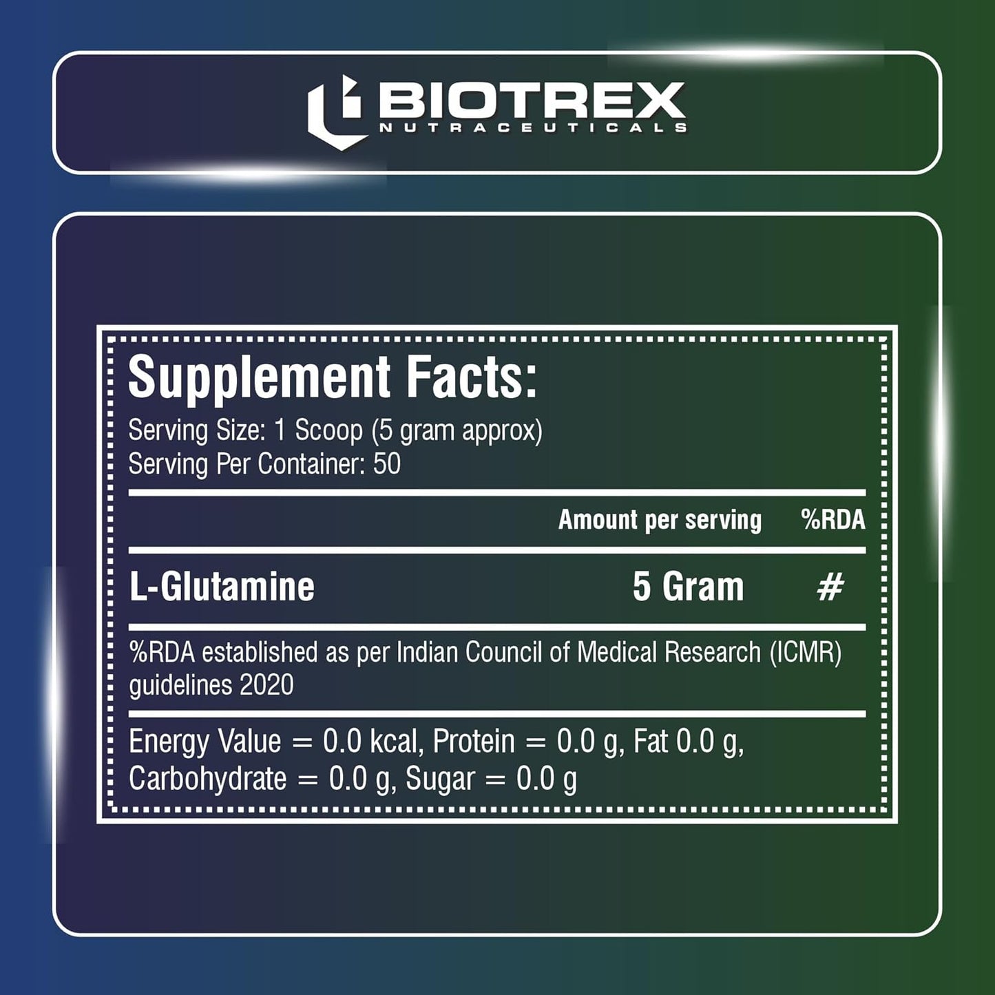 Biotrex Nutraceuticals L Glutamine Amino Acid Powder 5000mg Per Serving | Preworkout & Muscle Growth | Immune & Gut Health | Enhances Endurance | Unflavoured - 250Gram (50 Serving)