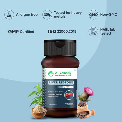 Dr. Vaidya Liver Restore Tablets | Ayurvedic Liver Detox & Care Supplement | Supports Liver Health, Cleansing, Digestion & Metabolism | With Milk Thistle, Triphala, Dandelion | 30 Tablets