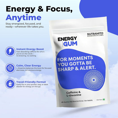 Energy Caffeine Gums by Nutramito (45 Gums) - L-theanine + Natural Caffeine - Energy & Focus Supplement for Women & Men - Mint Flavor | 45 Gums | Contains Caffeine 60mg & L-theanine 40 mg
