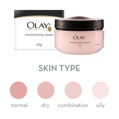 Olay moisturizing cream jar with skin type chart on a white background