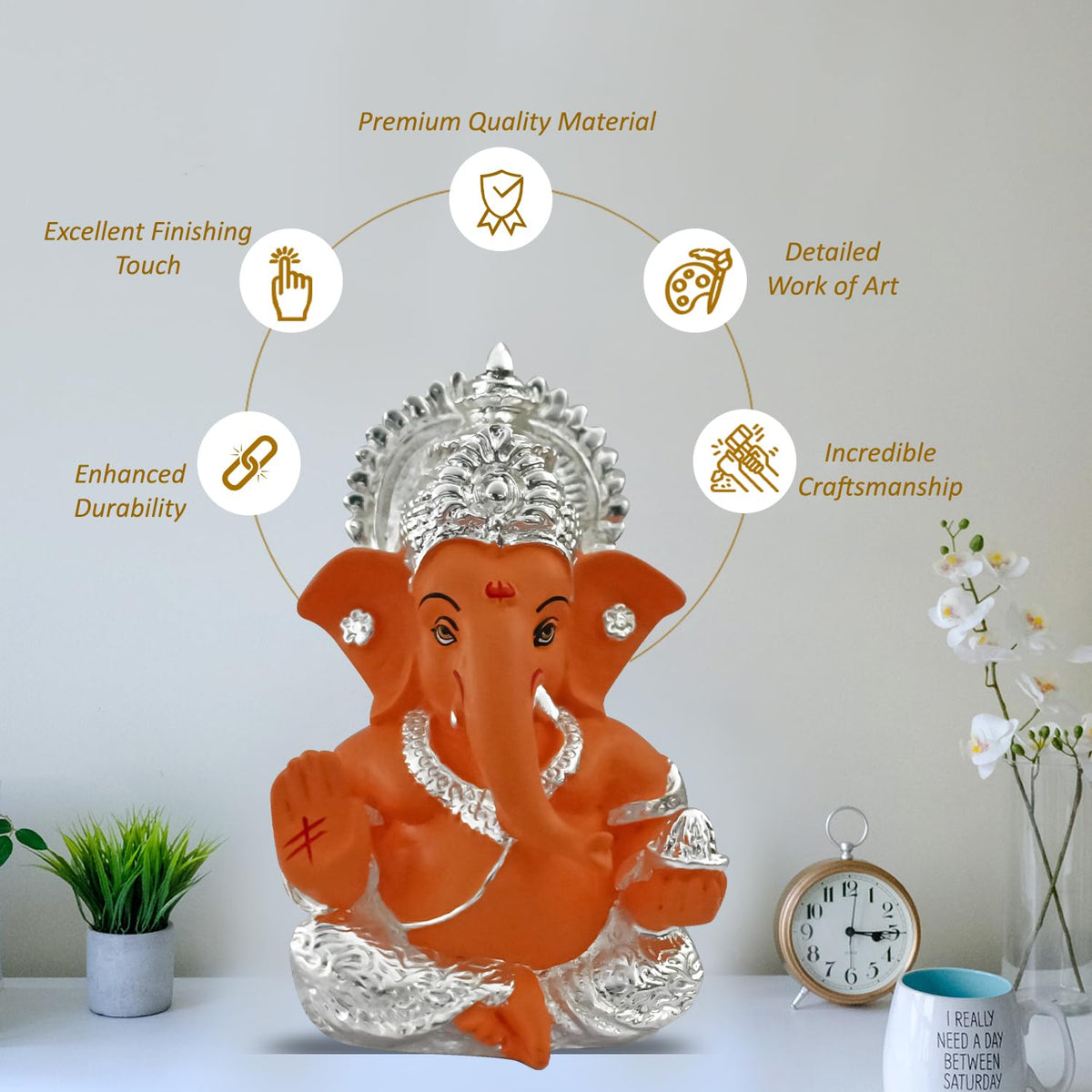 999 Silver Plated Ganesh Idol for Office Desk Puja Room God Ganesha Idol for Home Decor Ganpati for Gift Office Table Shelves Gifting Idol (8.89 x 5.08 cm) (Mango Yellow), Religious