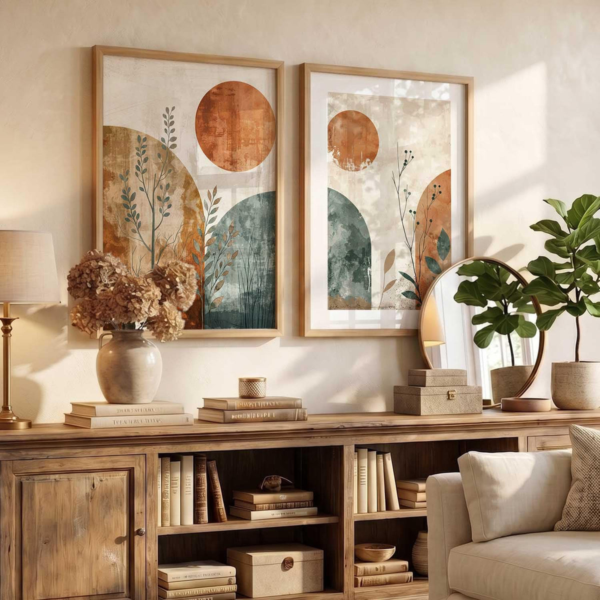 Boho Art Home Decoration Modern Paintings With Frame For Living Room Bed Room Hotel Wall Decor Digital Reprint Set of 2 (13X17 inch)