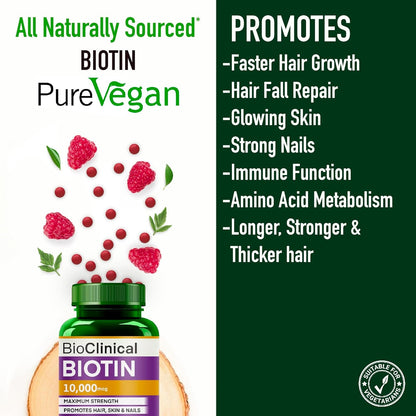 BioClinical Biotin Tablets for Hair Growth - Biotin 10000mcg for Hair,Skin & Nails - Supplement for Men & Women Hair Growth - Vegan Vitamin B 7 -PureVe Forte Medicine -120 Veg Tablets
