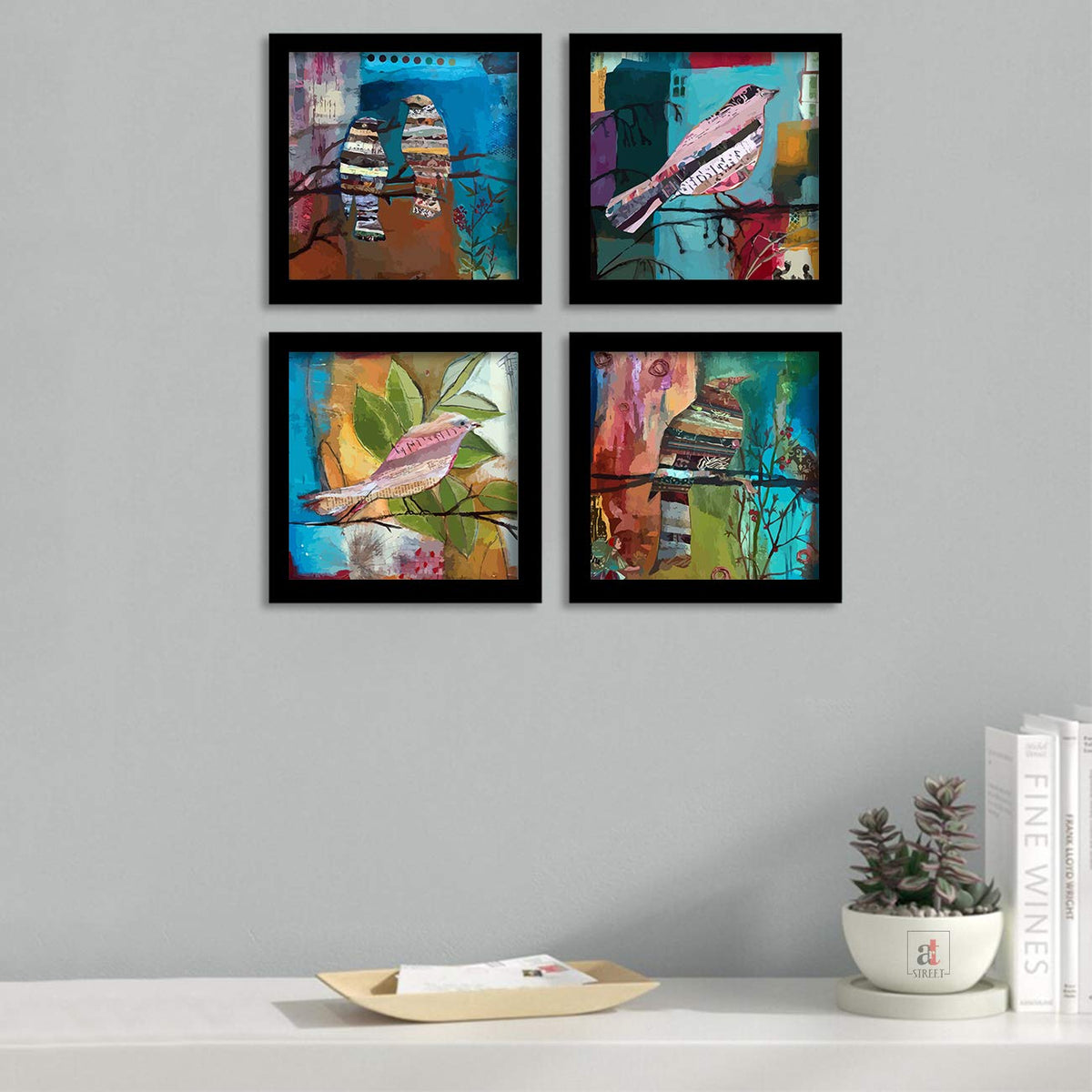 Multicolor Quotes Birds wall Art Painting for living room, Birds floral framed Painting, Set of 4, 9x9 Inch