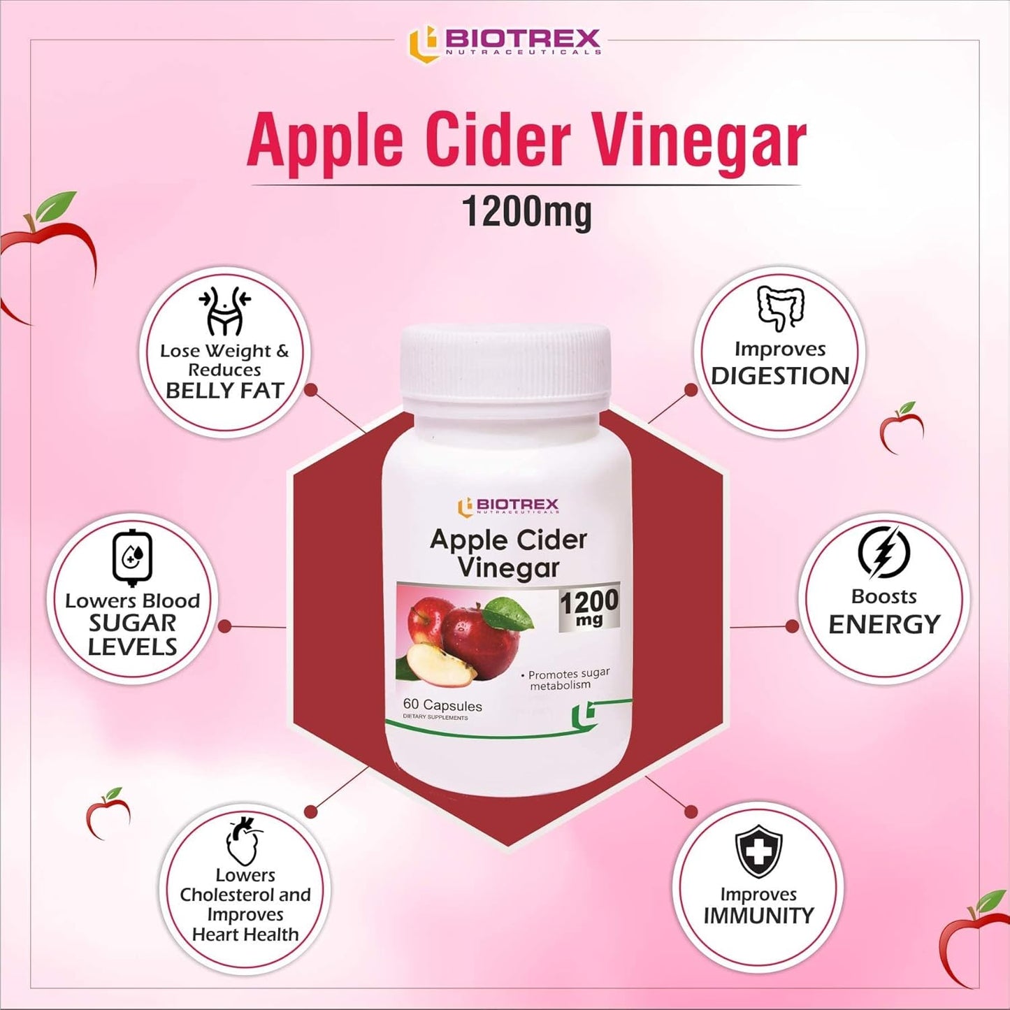 Biotrex Apple Cider Vinegar Capsules 1200mg – Organic Supplement for Weight Management, Detox & Digestive Support – Apple Cider Vinegar Capsule for Wellness – 60 Apple Vinegar Capsules