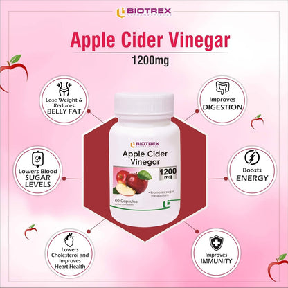 Biotrex Apple Cider Vinegar Capsules 1200mg – Organic Supplement for Weight Management, Detox & Digestive Support – Apple Cider Vinegar Capsule for Wellness – 60 Apple Vinegar Capsules