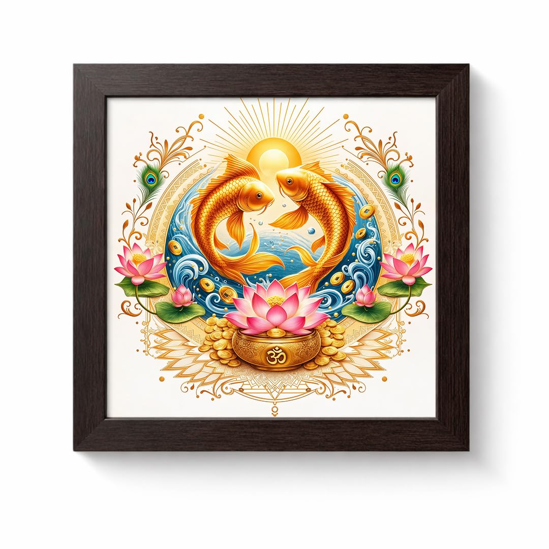 Pair Fish Koi Moi Golden Vastu Money Prosperity Fengshui Lotus Sacred Harmony Framed Poster Artwork Decor Painting
