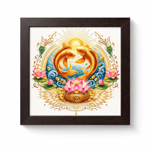 Pair Fish Koi Moi Golden Vastu Money Prosperity Fengshui Lotus Sacred Harmony Framed Poster Artwork Decor Painting