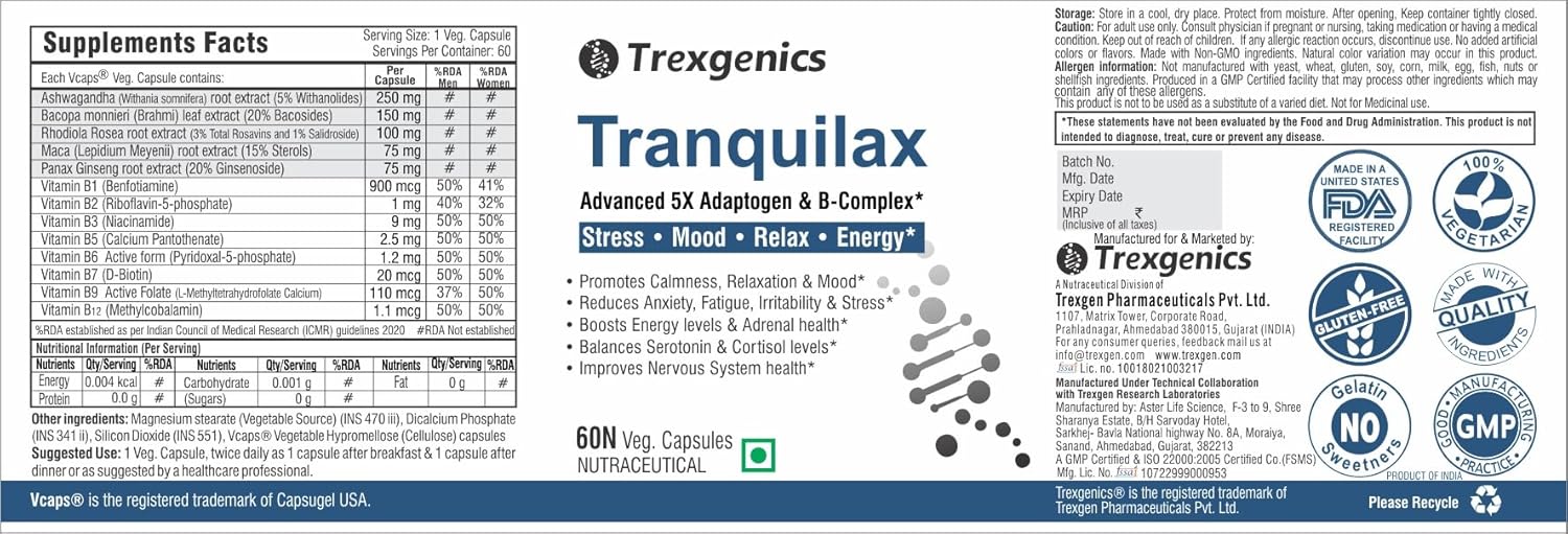 Tranquilax supplement label by Trexegenics with supplement facts and branding elements.