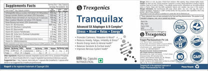 Tranquilax supplement label by Trexegenics with supplement facts and branding elements.