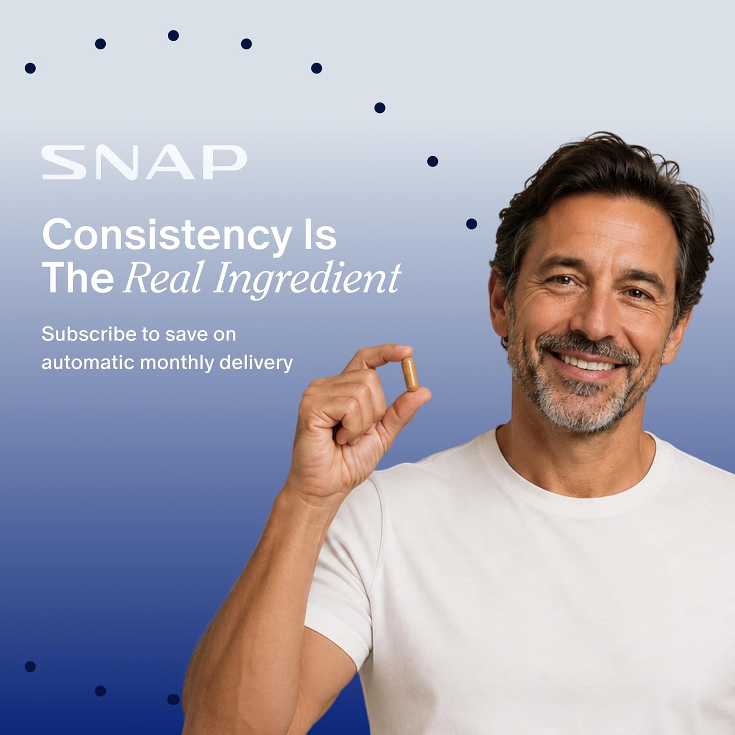 Man holding a small object with 'SNAP' branding and promotional text on a blue background