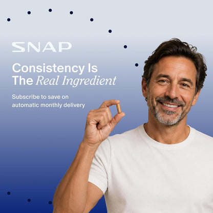 Man holding a small object with 'SNAP' branding and promotional text on a blue background