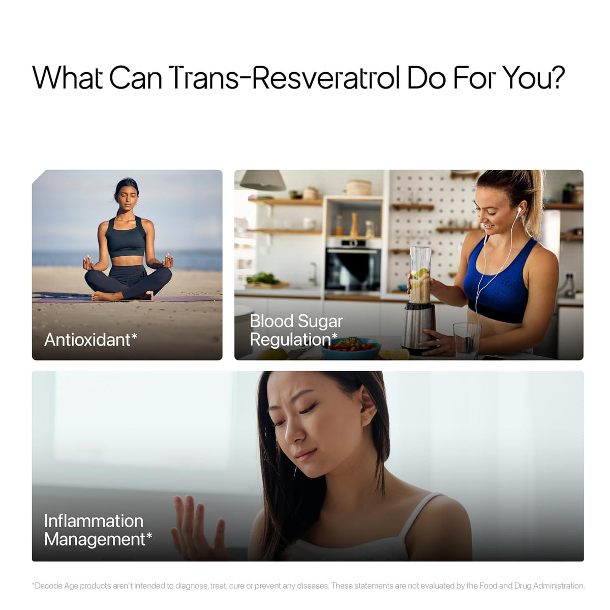 Promotional graphic about the benefits of trans-resveratrol with images of a woman meditating, using a blender, and a woman with a hand on her head.