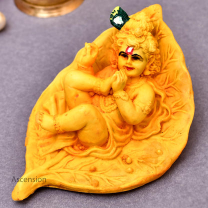 Leaf Lord Krishna Murti Polyresin Statue for Gift Pooja Home Decor,Office Decor Car Dashboard Idol Figurine Showpiece Sculpture Hindu Diwali Gifts