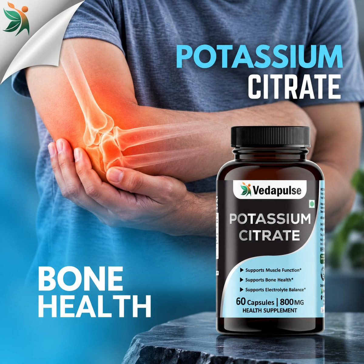 Vedapulse Potassium Citrate Capsules | Health Supplement | 800 mg Elemental Potassium per Serving | 60 Capsules