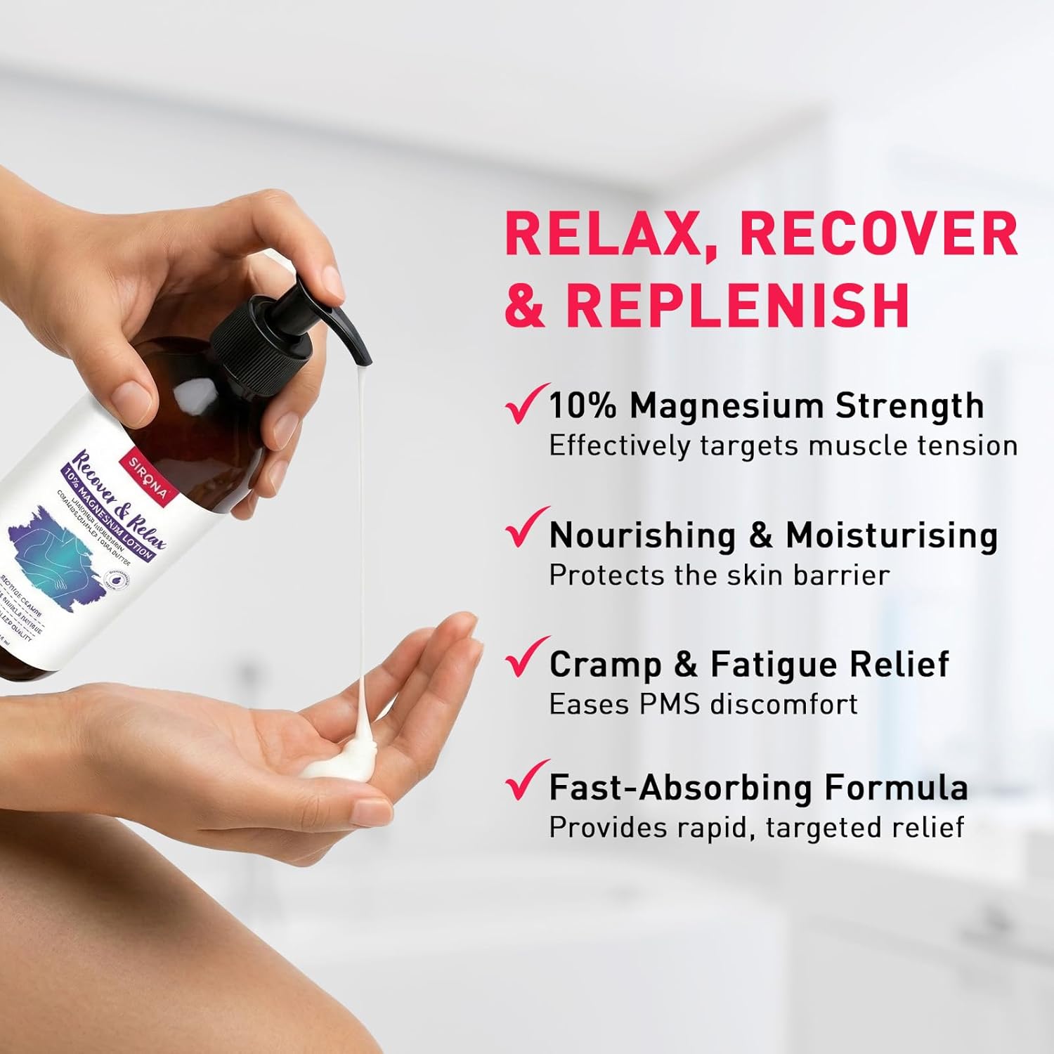 Hand holding a bottle of magnesium product with text highlighting its benefits on a white background