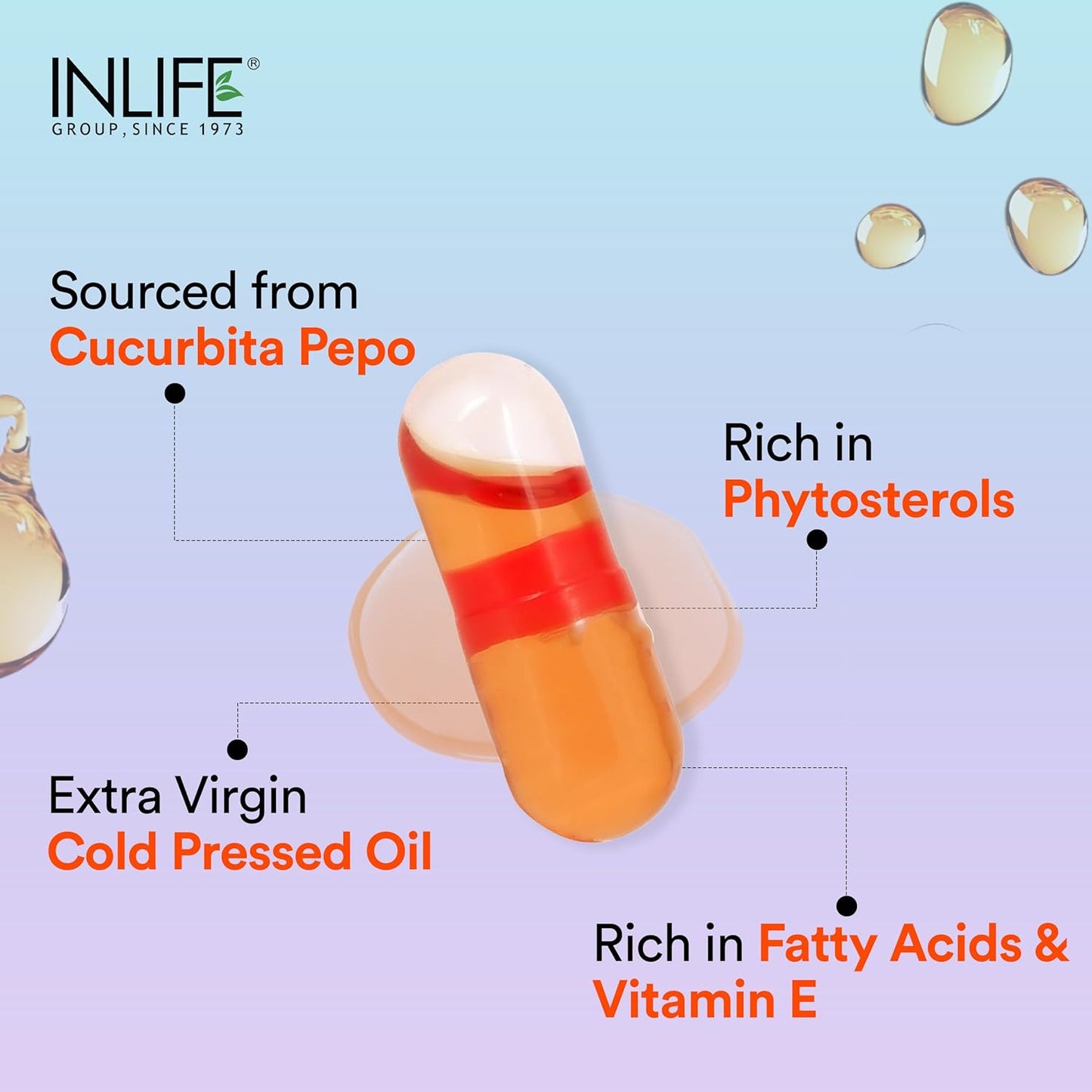 INLIFE Pumpkin Seed Oil Capsules | Extra Virgin Cold Pressed Pure Oil | Plant-Based Phytosterols | Prostate Health Support & Immunity | 60 Vegetarian Capsules