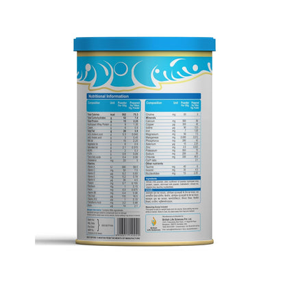 Nutritional information label on a container with a blue lid