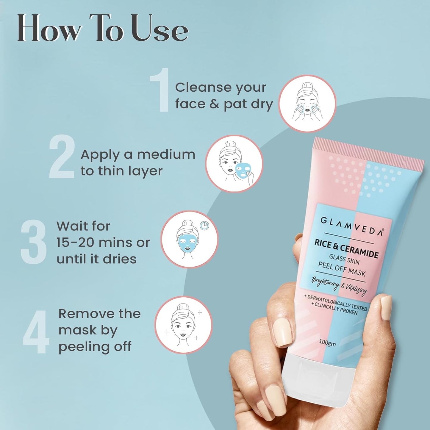 Glamveda Korean Rice & Ceramide Peel Off Mask for Men & Women | Brightening Face Pack for Even Tone Complexion & Anti-Ageing Care | Nourishes Dry & Dull Skin | Dermatologically Tested (100gm)