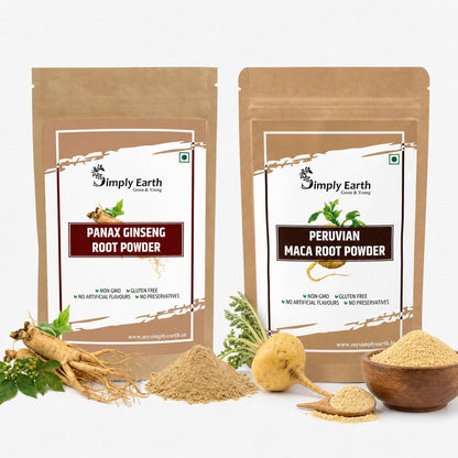 Simply Earth Energy & Immunity Combo - Peruvian Maca Root Powder (100g) & Panax Korean Red Ginseng Powder (100g) | Stress Relief, Muscle Strength & Cognitive Support for Men & Women