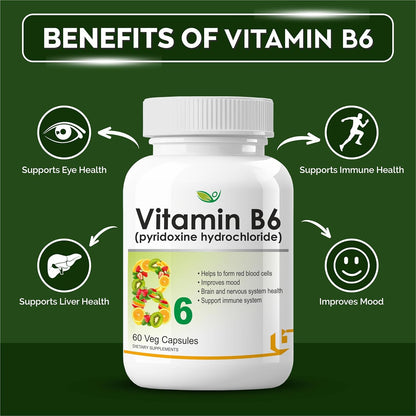 Biotrex Nutraceuticals Vitamin B6 (Pyridoxine Hydrochloride) Supplement | 60 Veg Capsules