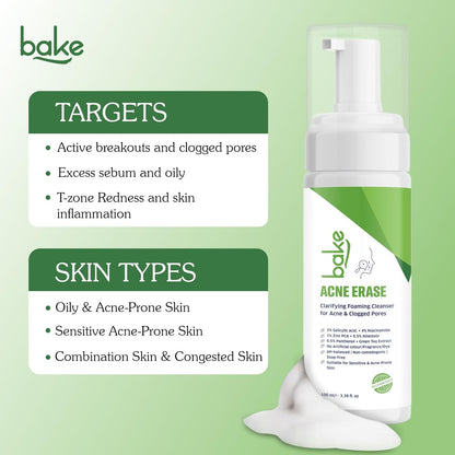 BAKE Acne Erase Foaming Face Wash with 2% Salicylic Acid & Niacinamide | Oil Control, Unclogs Pores, Clears Acne & Blemishes | Gentle Foaming Cleanser for Oily, Acne Prone & Sensitive Skin – 100ml