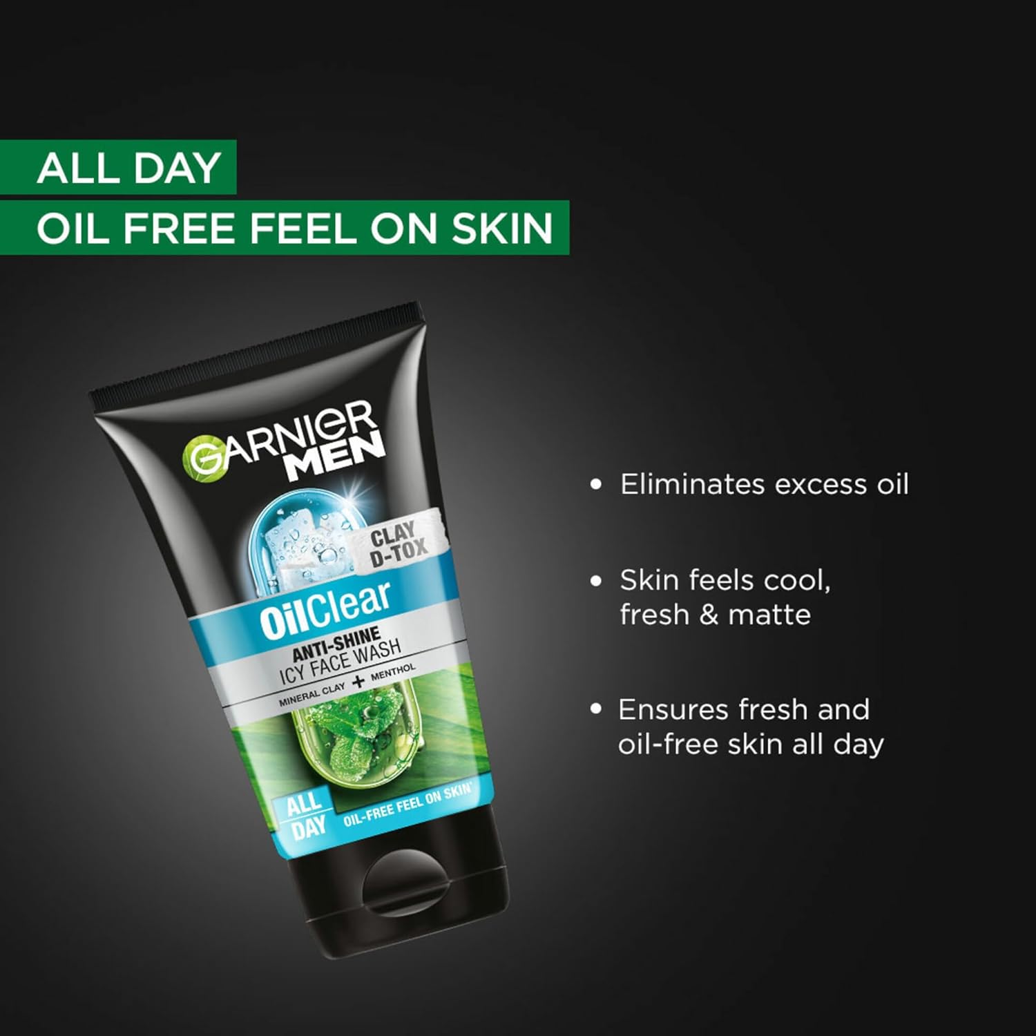 Garnier Men Oil Clear face wash tube on a dark background with product features listed.
