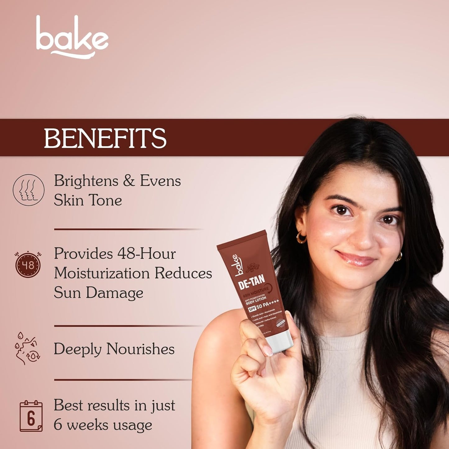 BAKE De-Tan Coffee Body Lotion (200ml) 48 Hour Moisturization with Kojic Acid, Lactic Acid, Niacinamide & SPF 50 for Pigmentation & Tan Removal | For Dark Spots & Sun Protection | Tanned & Pigmented Skin | For Women & Men