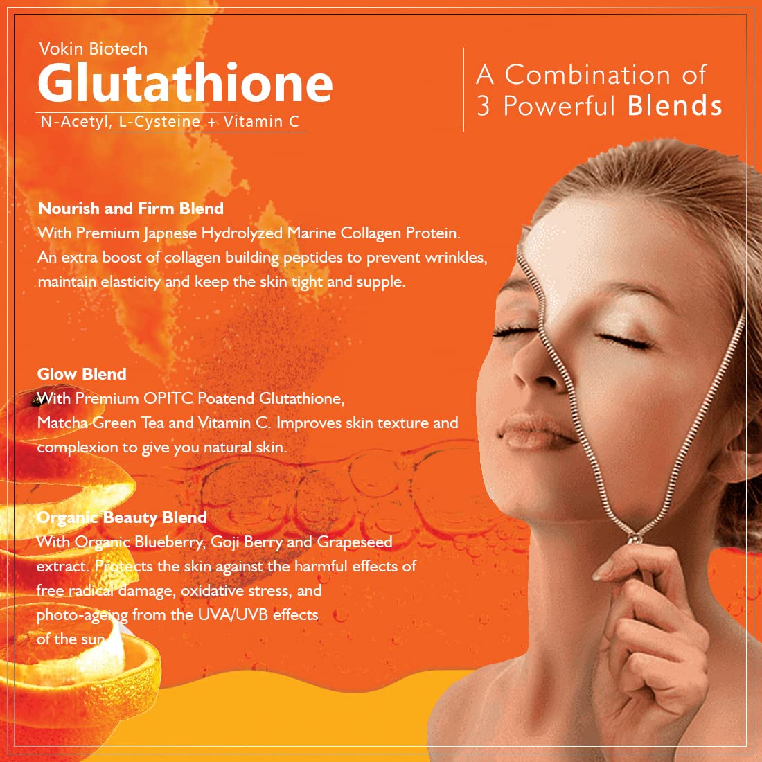 Advertisement for Vokin Biotech Glutathione with a woman applying a product to her face on an orange background.