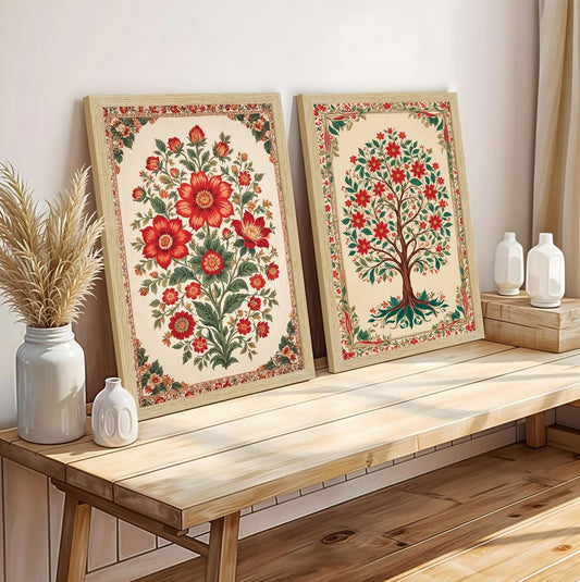 Floral Art Paintings with Frame for Home Decor, Madhubani Wall Painting for Living Room, Multicolor, Natural Wood Color Frames, Set of 2