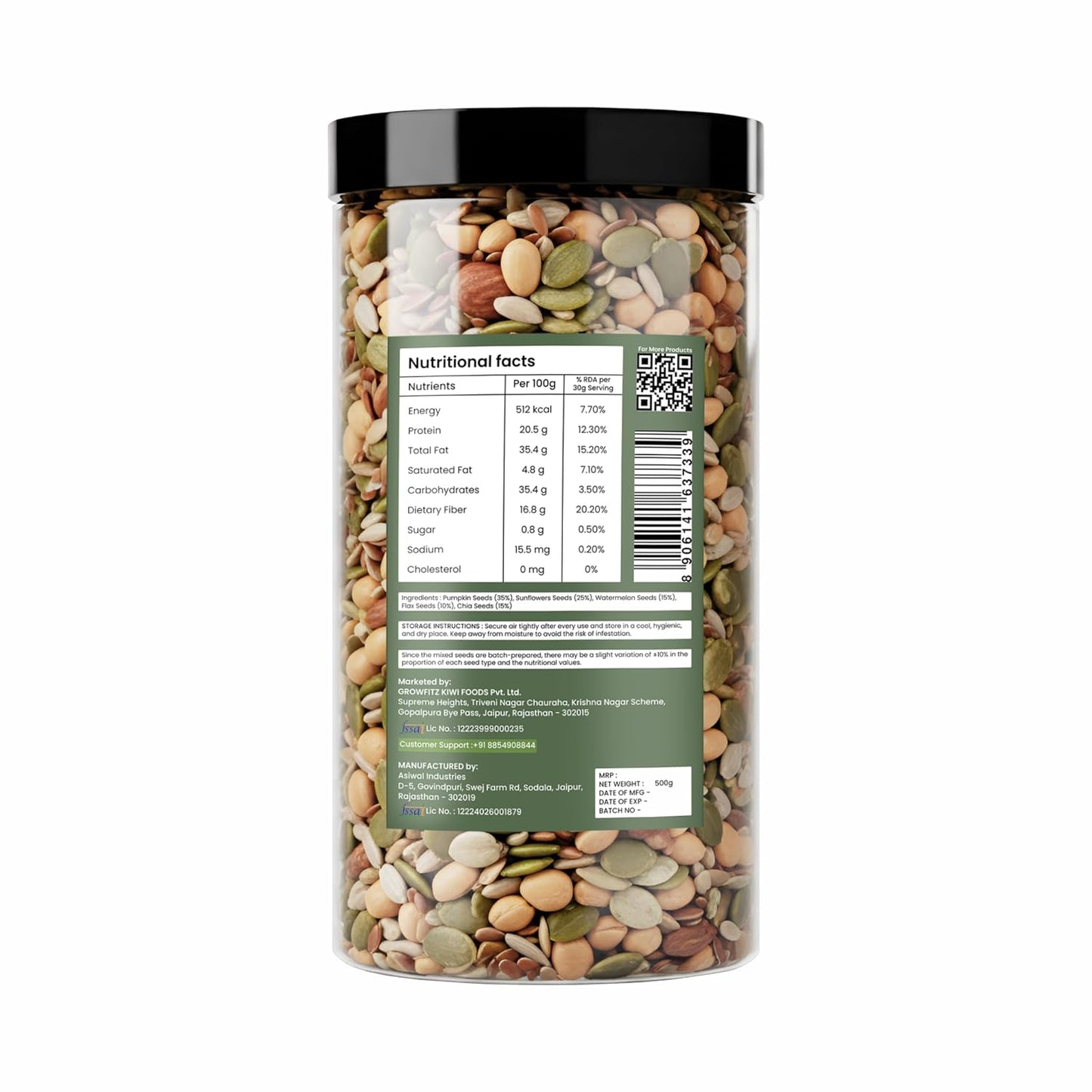 Growfitz 5-in-1 Super Seed Mix | 500g | 20.5g High Protein & Fiber | Roasted Pumpkin, Sunflower, Flax, Chia, Soy Nuts & Sesame | Healthy Snack | Export Quality Superfood