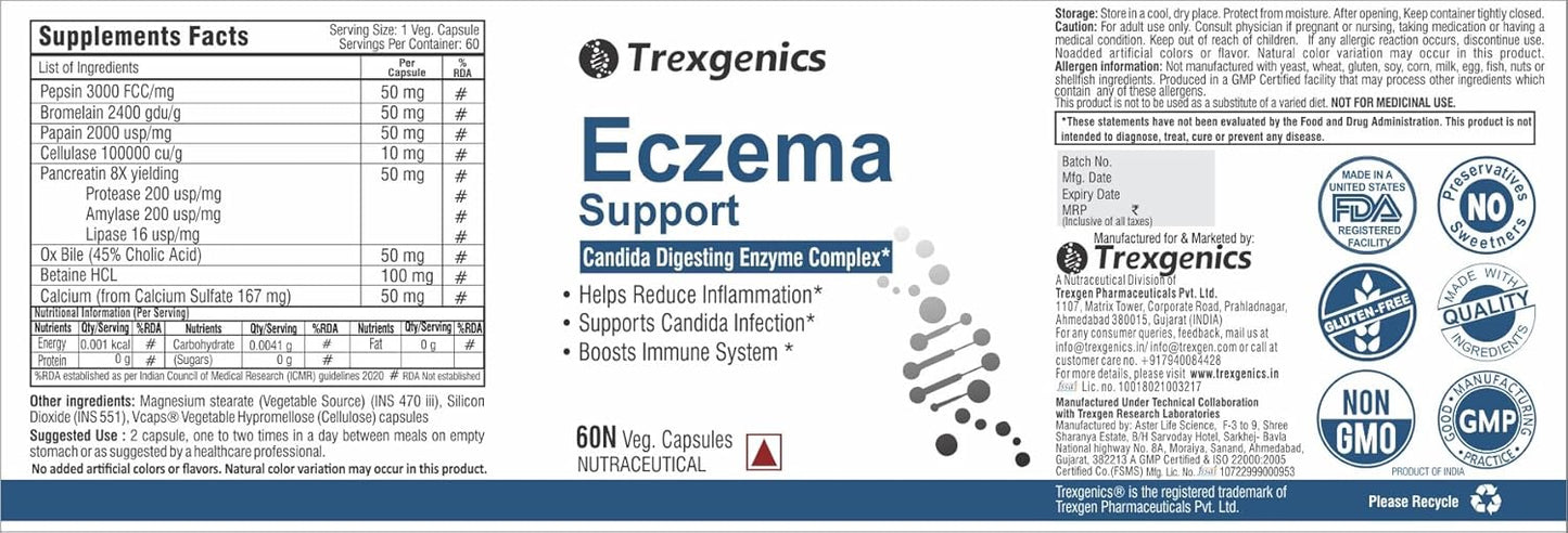Trexgenics Eczema Support supplement label with product details and branding.