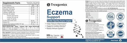 Trexgenics Eczema Support supplement label with product details and branding.
