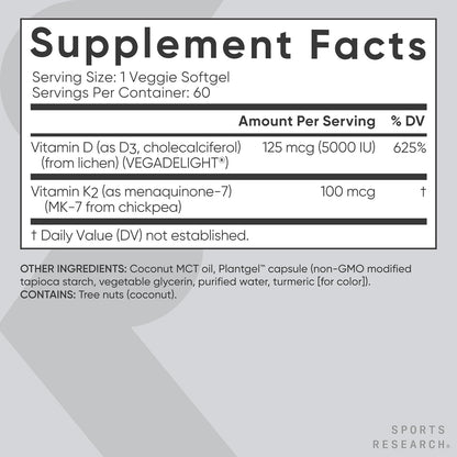 Supplement facts label with vitamins D and K2 on a gray background