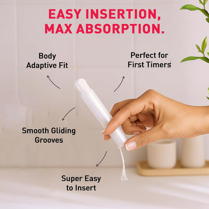 Product with text highlighting features like 'Easy Insertion', 'Max Absorption', 'Body Adaptive Fit', 'Smooth Gliding Grooves', and 'Perfect for First Timers'.