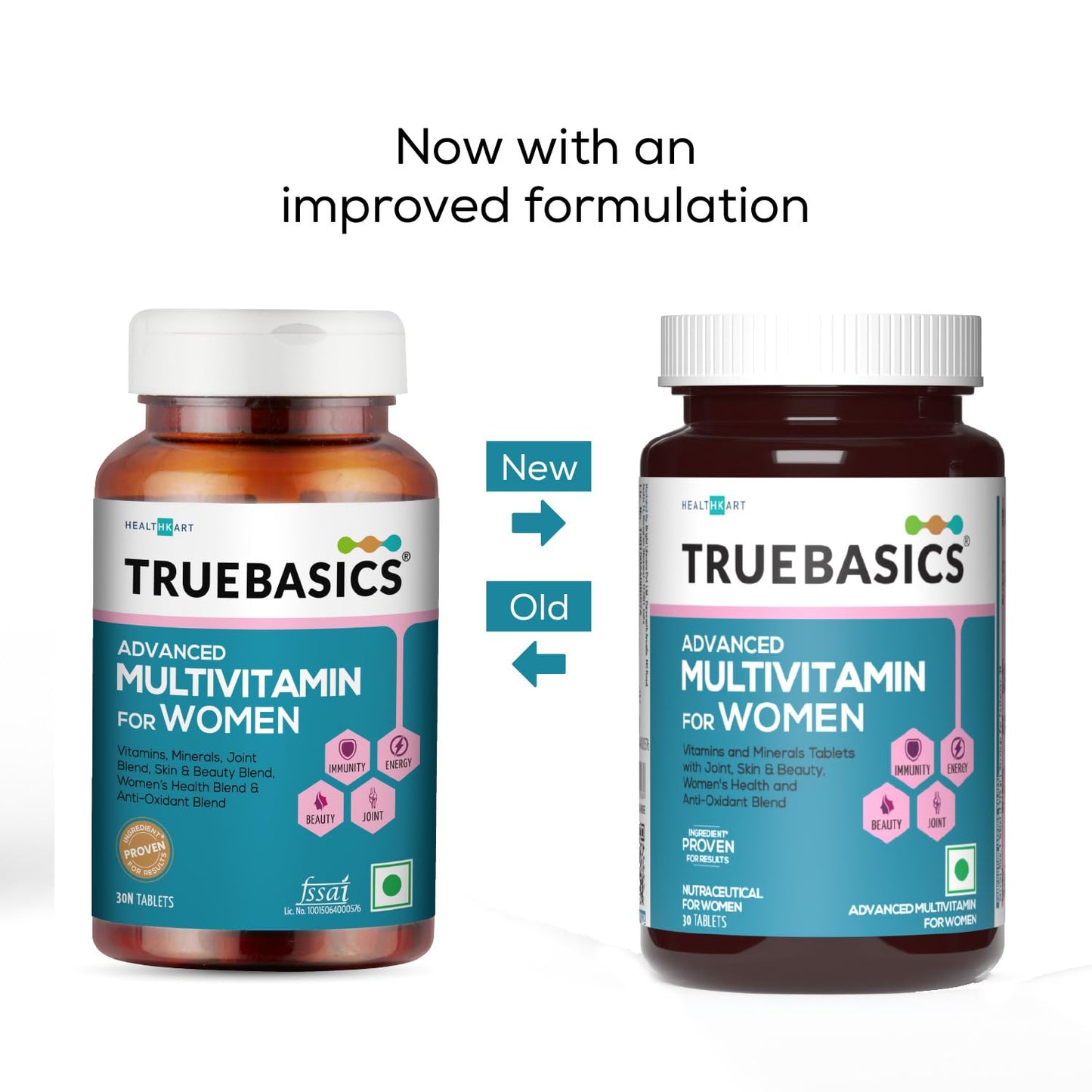 TrueBasics Advanced Multivitamin for Women bottles, old and new formulation comparison.