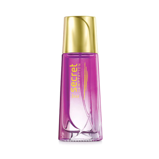 Pink perfume bottle with gold cap on a white background