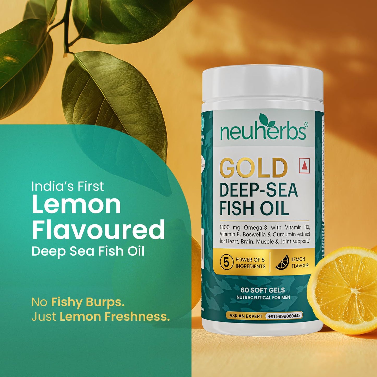 Neuherbs Gold Deep Sea 6X Omega 3 Fish Oil Capsules - 60 Softgels | EPA - 1080mg & DHA - 720mg | Vitamin E & D3 For Muscle, Brain & Joints Support | Lemon Flavour | No Fishy Burps| Heavy Metals Tested