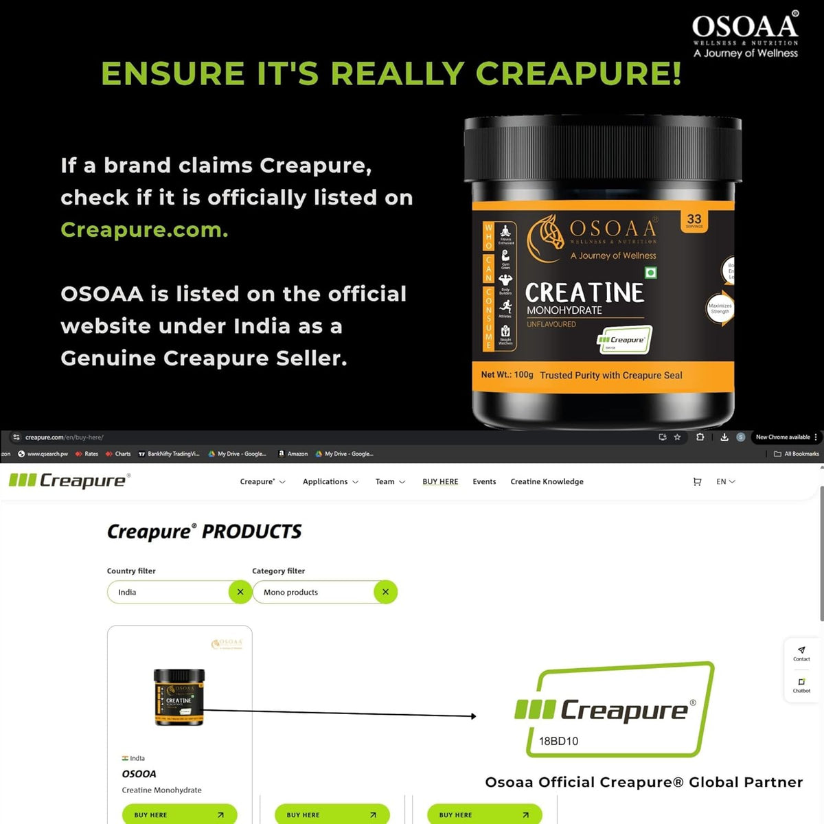 OSOAA Creatine supplement container with Creapure branding on a website background