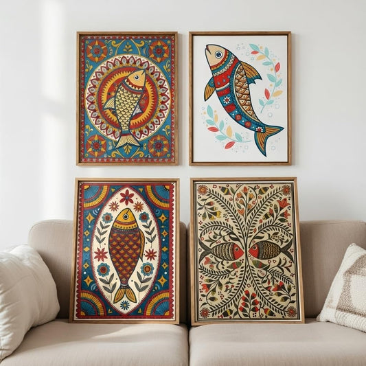 Set of 4 Folk Art Fish Wall Paintings Premium MDF Wooden Color Framed HD UV Printed Traditional Decorative Artwork for Living Room Bedroom Home Decor 11 Inch x 14 Inch